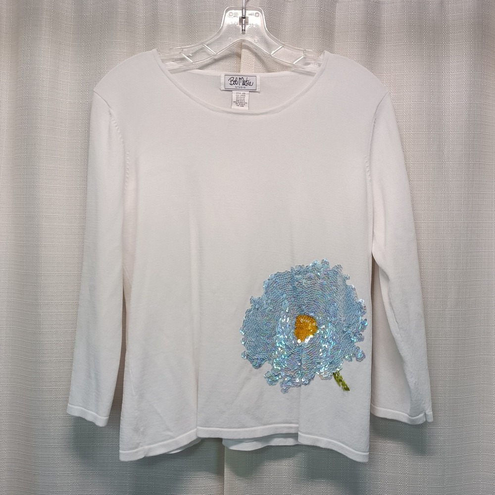 Vtg Bob Mackie Studio Women White Sequin Beaded Flower Knit Top 3/4 Sleeve Large